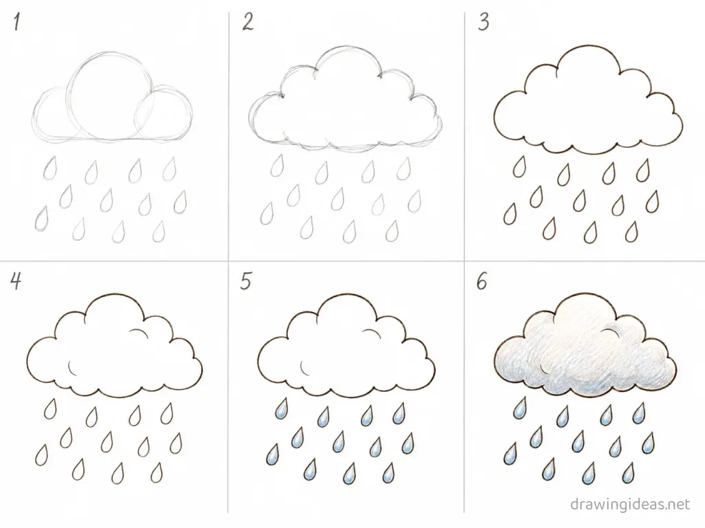 How to draw rain step by step — 6-step rain drawing tutorial grid
