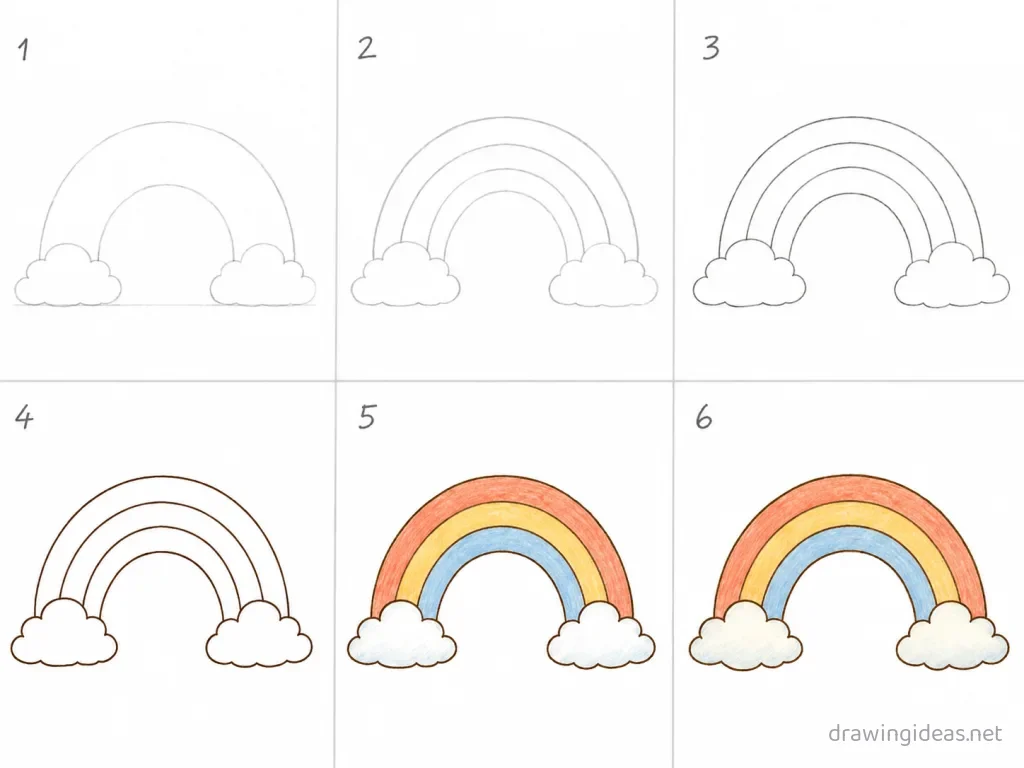 How to draw a rainbow step by step — 6-step rainbow drawing tutorial grid
