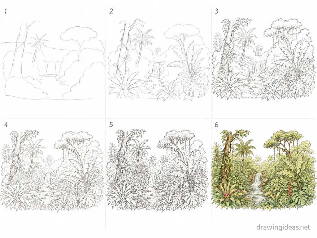 How to draw a rainforest step by step — 6-step rainforest drawing tutorial grid