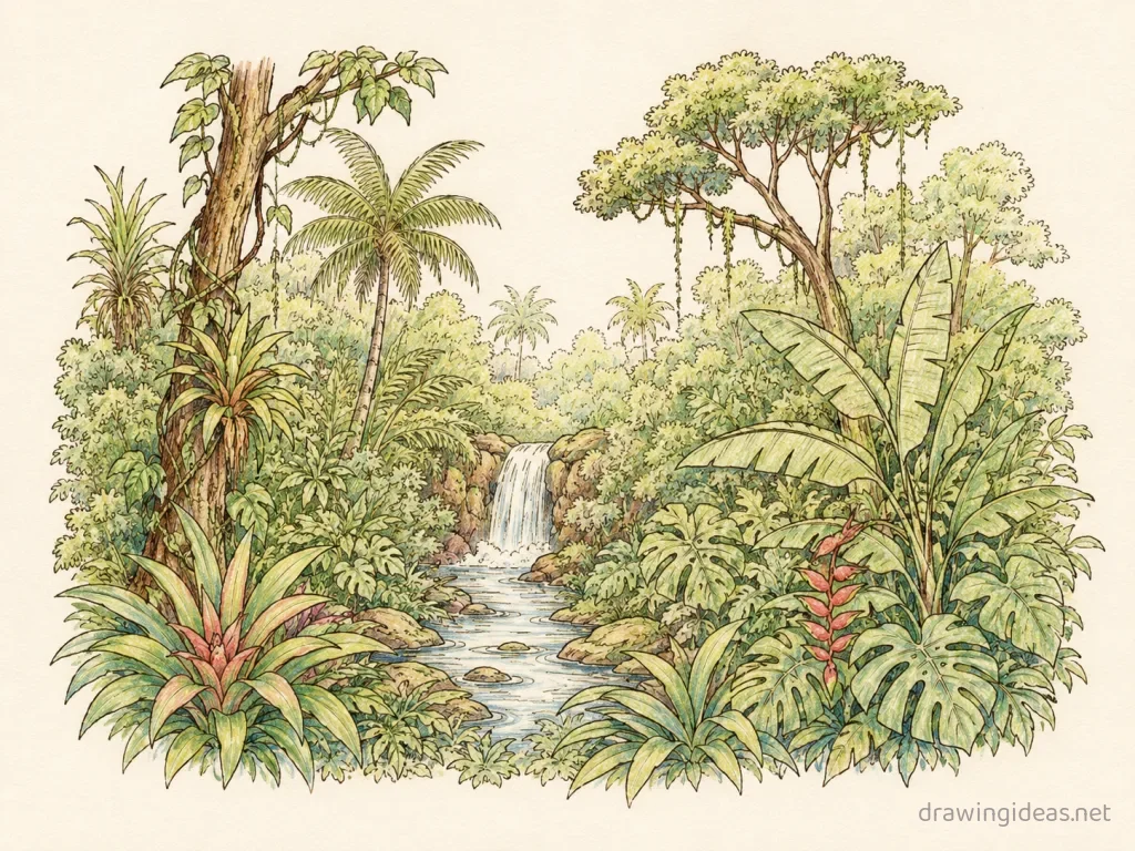 Rainforest drawing — hand-drawn rainforest illustration with ink lines and soft colors