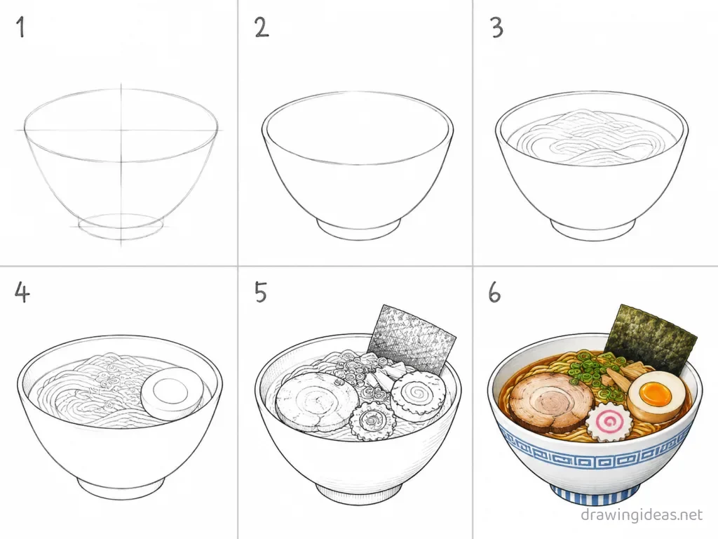 How to draw ramen step by step — 6-step ramen drawing tutorial grid