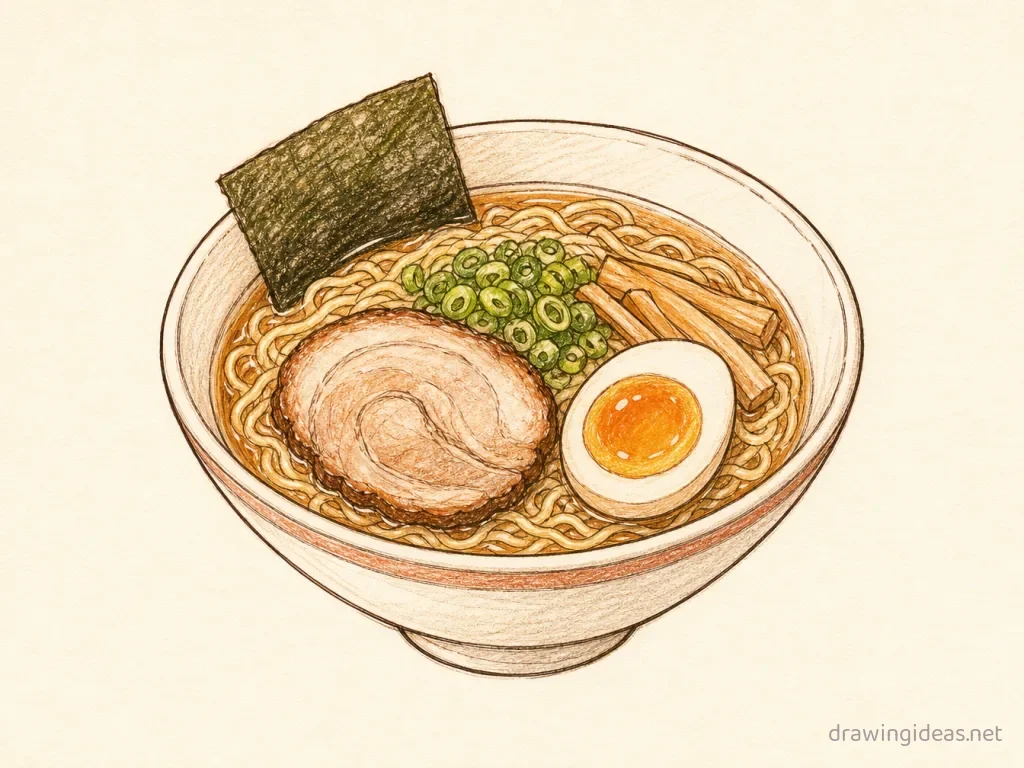 Ramen drawing — hand-drawn ramen illustration with ink lines and soft colors