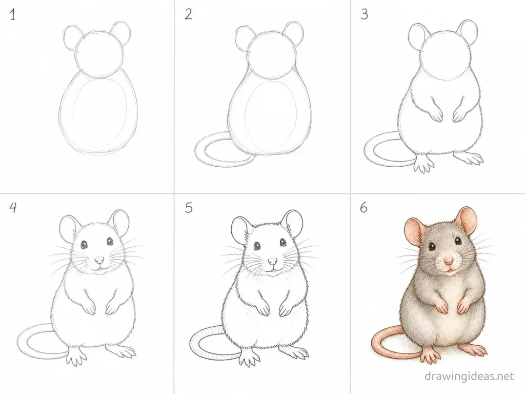 How to draw a rat step by step — 6-step rat drawing tutorial grid