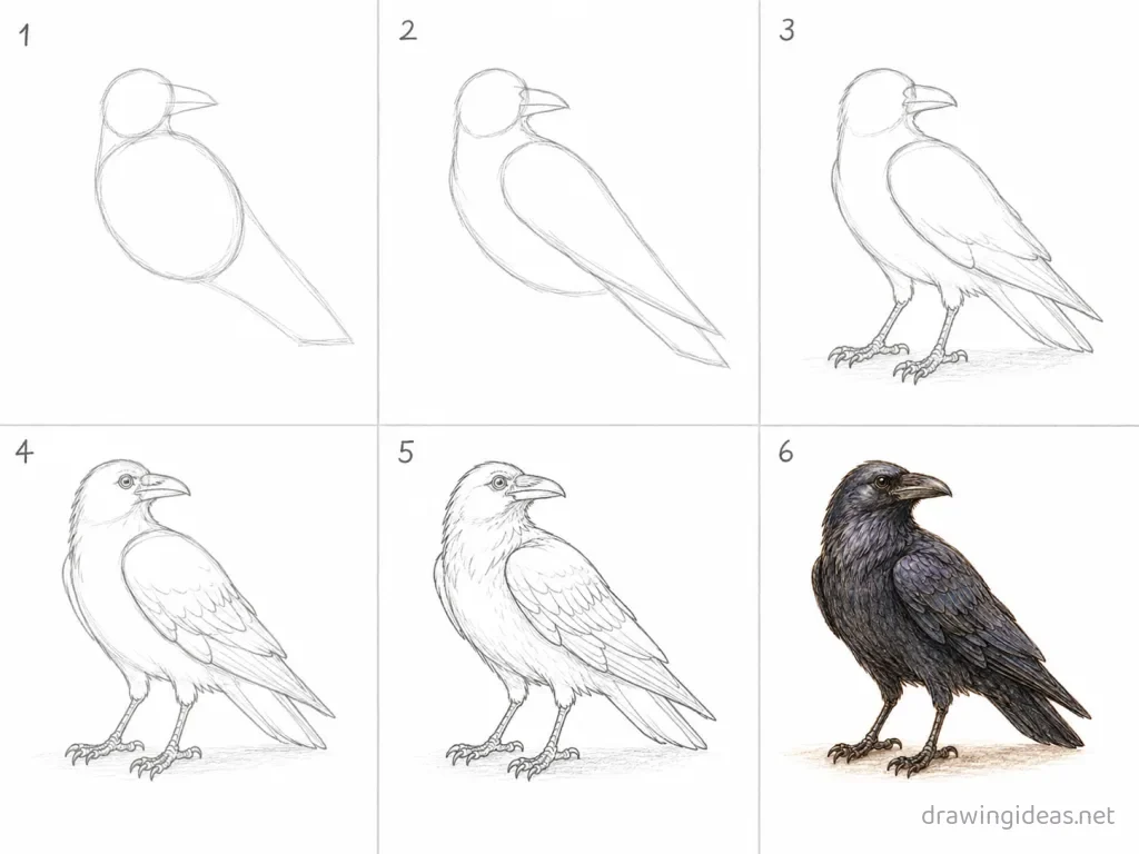 How to draw a raven step by step — 6-step raven drawing tutorial grid