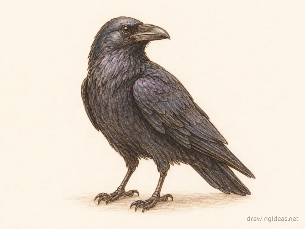 Raven drawing — hand-drawn raven illustration with ink lines and soft colors