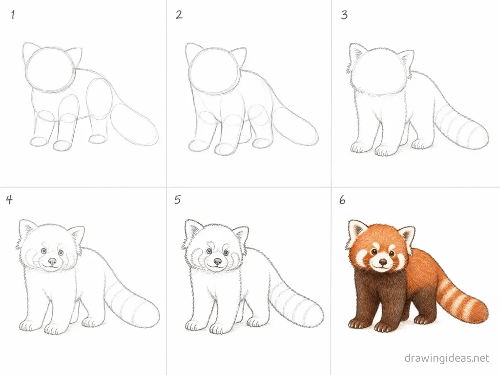 How to draw a red panda step by step — 6-step red panda drawing tutorial grid