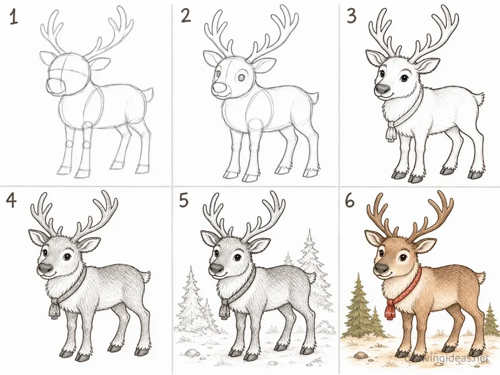 How to draw a reindeer step by step — 6-step reindeer drawing tutorial grid