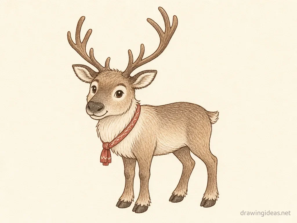 Reindeer drawing — hand-drawn reindeer illustration with ink lines and soft colors
