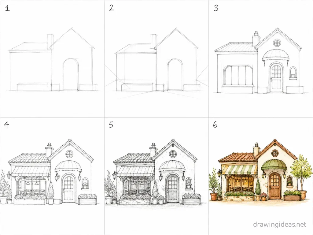 How to draw a restaurant step by step — 6-step restaurant drawing tutorial grid
