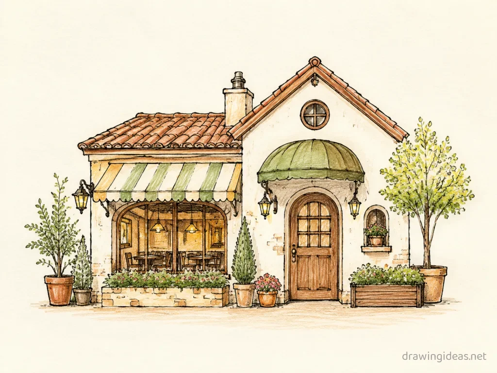 Restaurant drawing — hand-drawn restaurant illustration with ink lines and soft colors