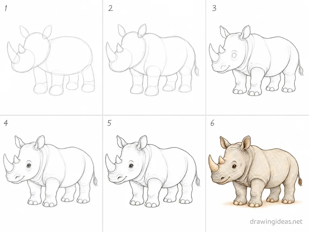 How to draw a rhino step by step — 6-step rhino drawing tutorial grid