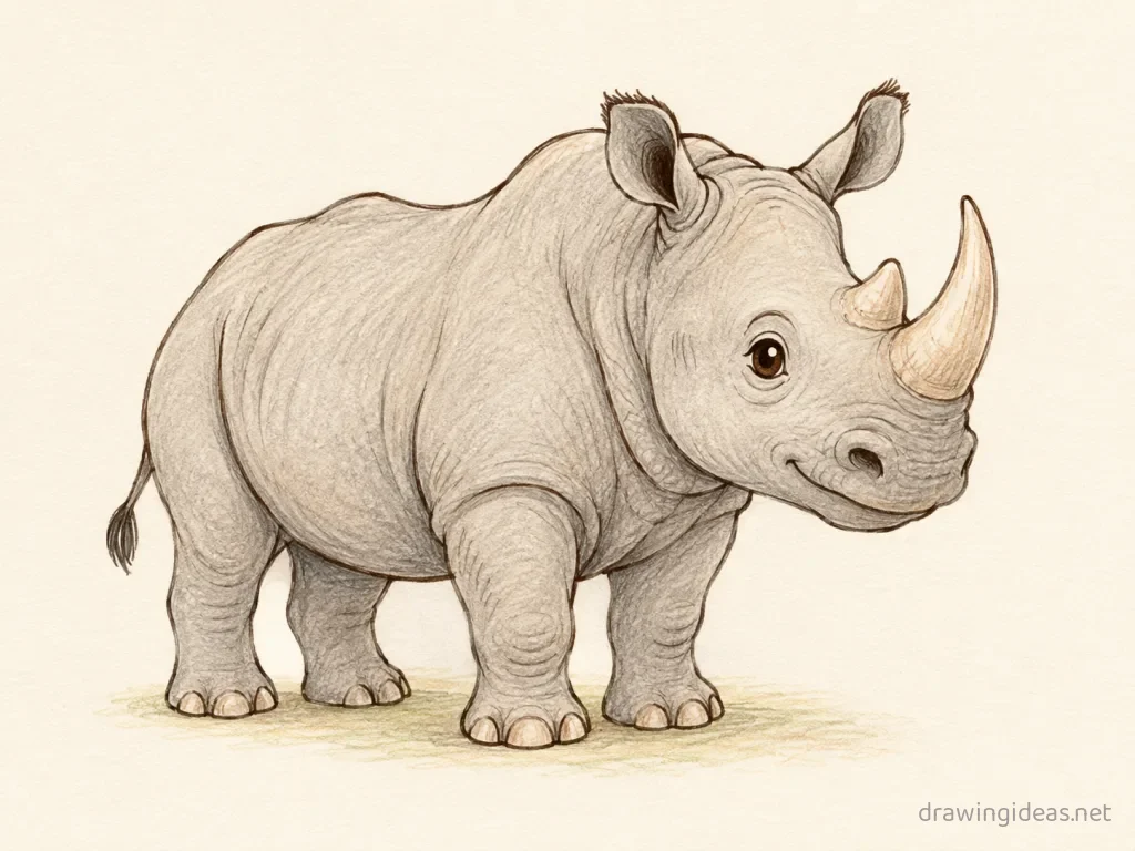 Rhino drawing — hand-drawn rhino illustration with ink lines and soft colors
