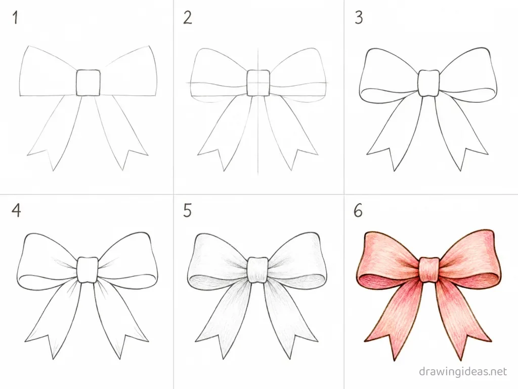 How to draw a ribbon step by step — 6-step ribbon drawing tutorial grid