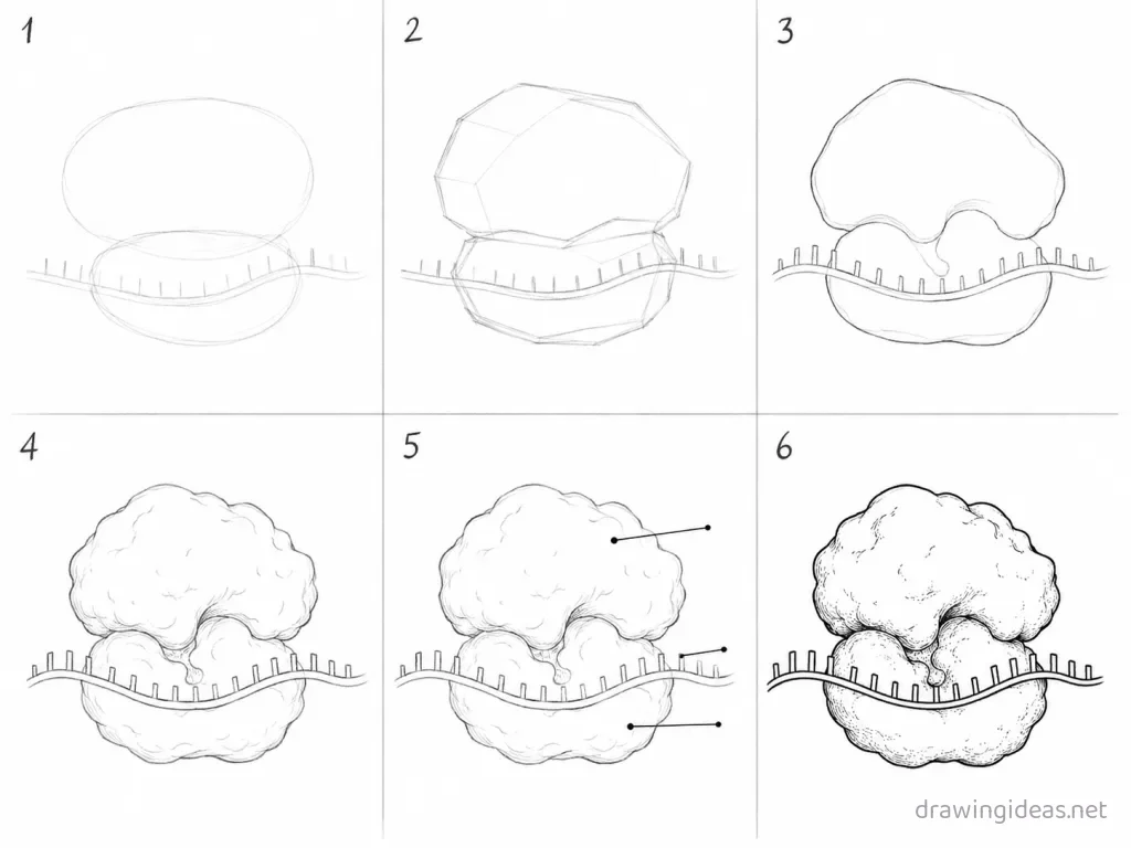 How to draw ribosomes step by step — 6-step ribosomes drawing tutorial grid
