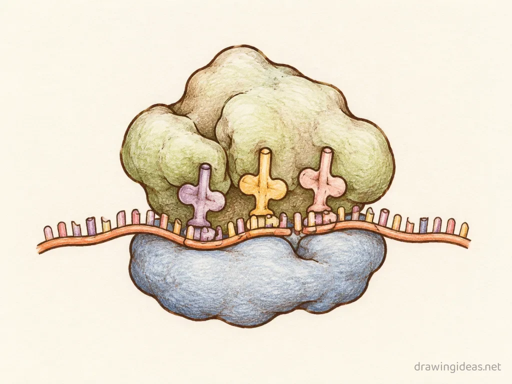 Ribosomes drawing — hand-drawn ribosomes illustration with ink lines and soft colors