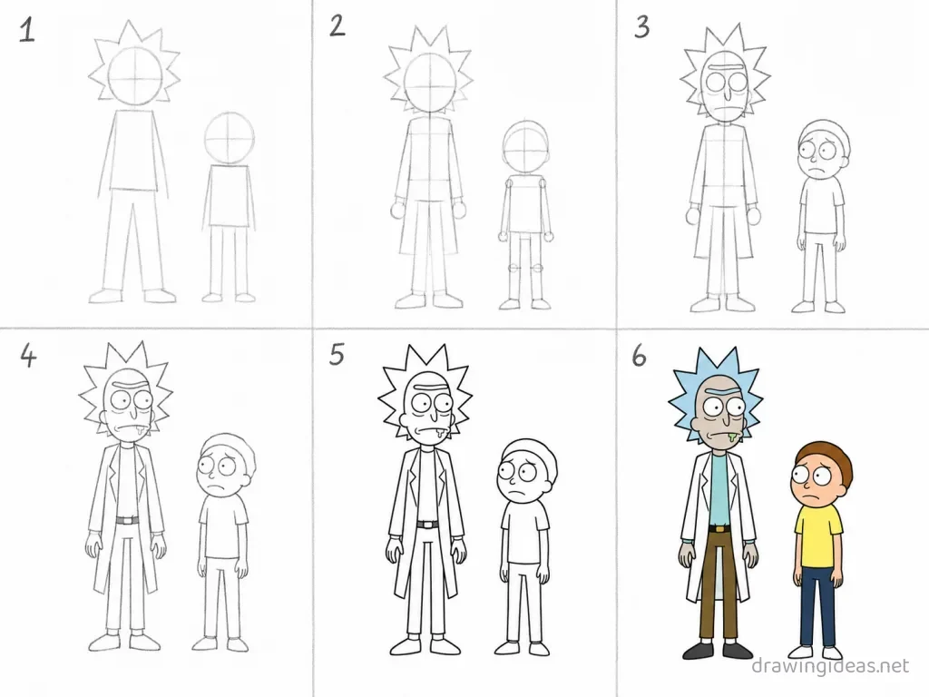 How to draw Rick and Morty step by step — 6-step Rick and Morty drawing tutorial grid