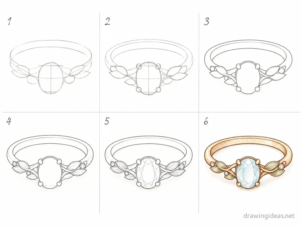 How to draw a ring step by step — 6-step ring drawing tutorial grid