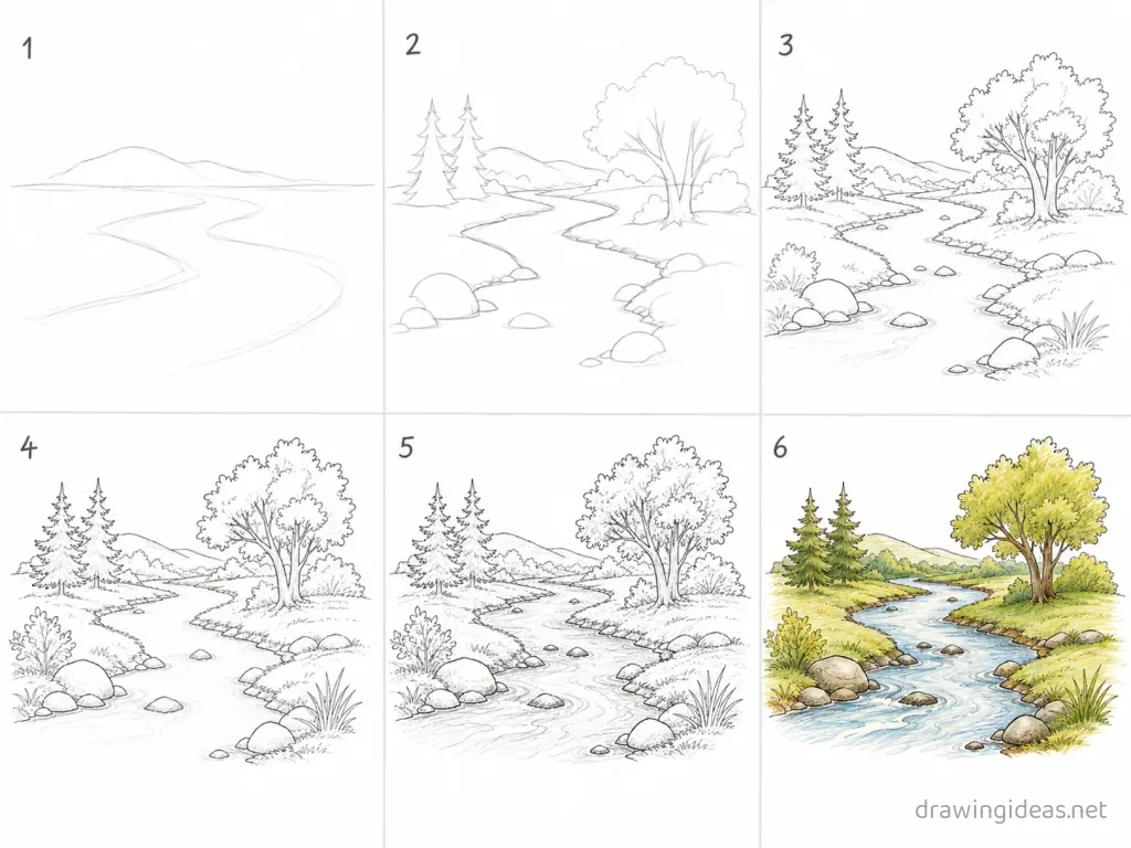 How to draw a river step by step — 6-step river drawing tutorial grid