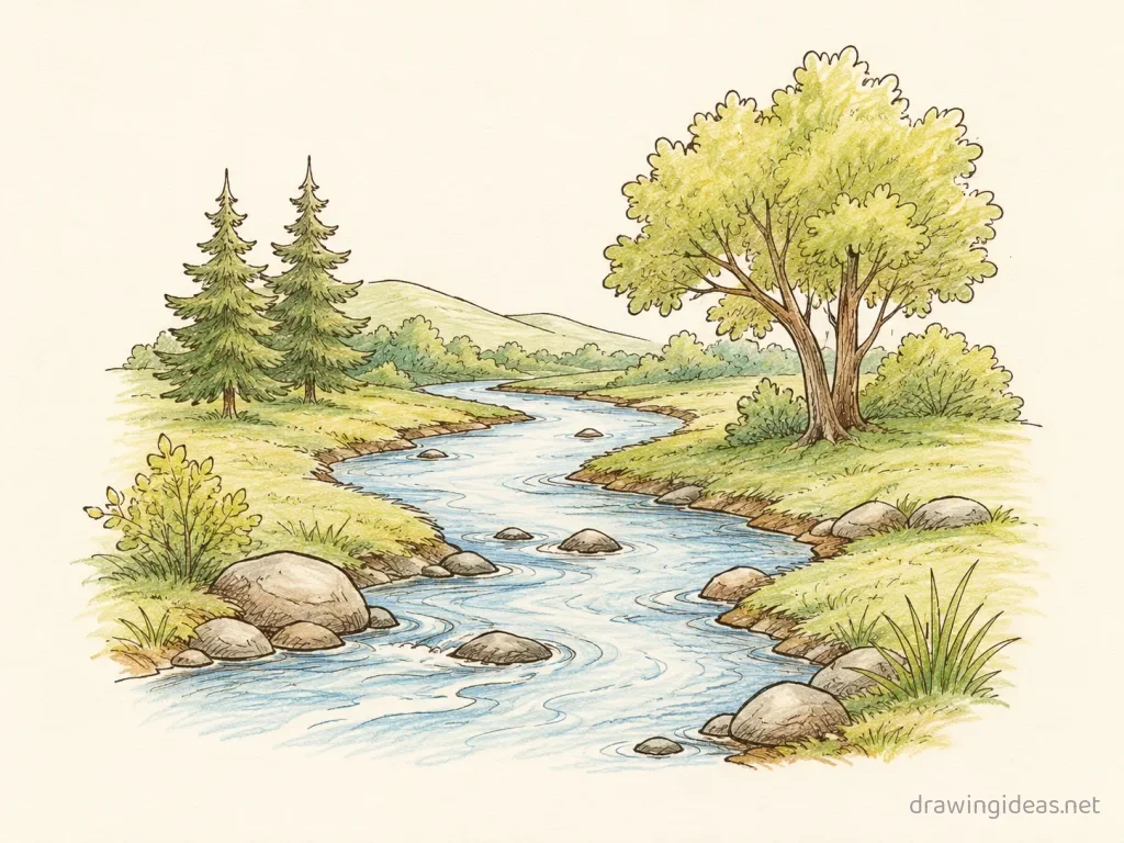 River drawing — hand-drawn river illustration with ink lines and soft colors