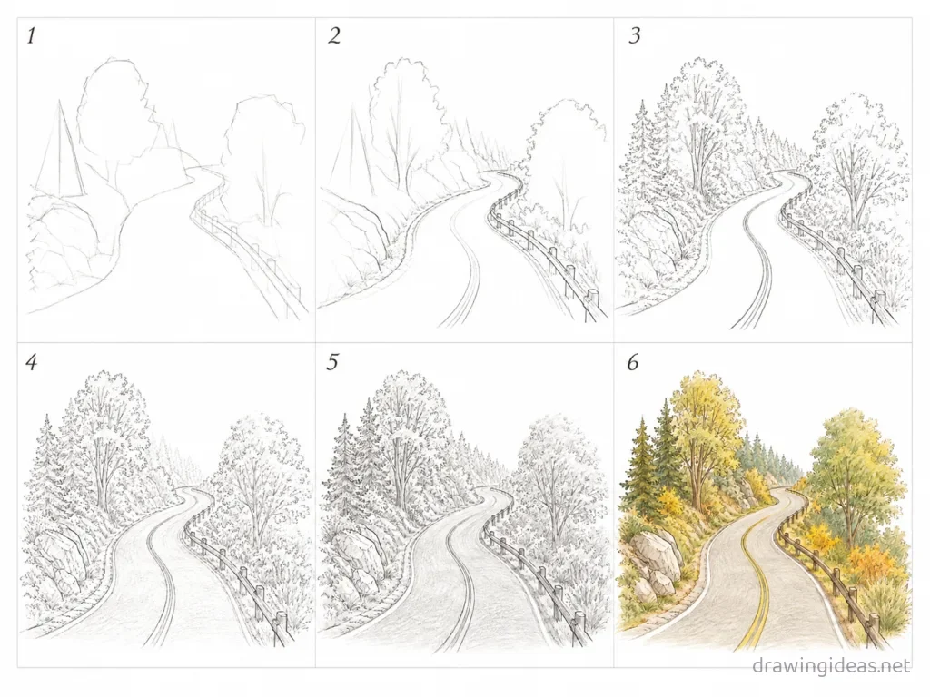 How to draw a road step by step — 6-step road drawing tutorial grid