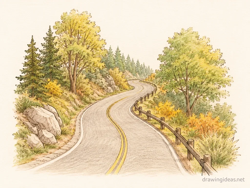 Road drawing — hand-drawn road illustration with ink lines and soft colors