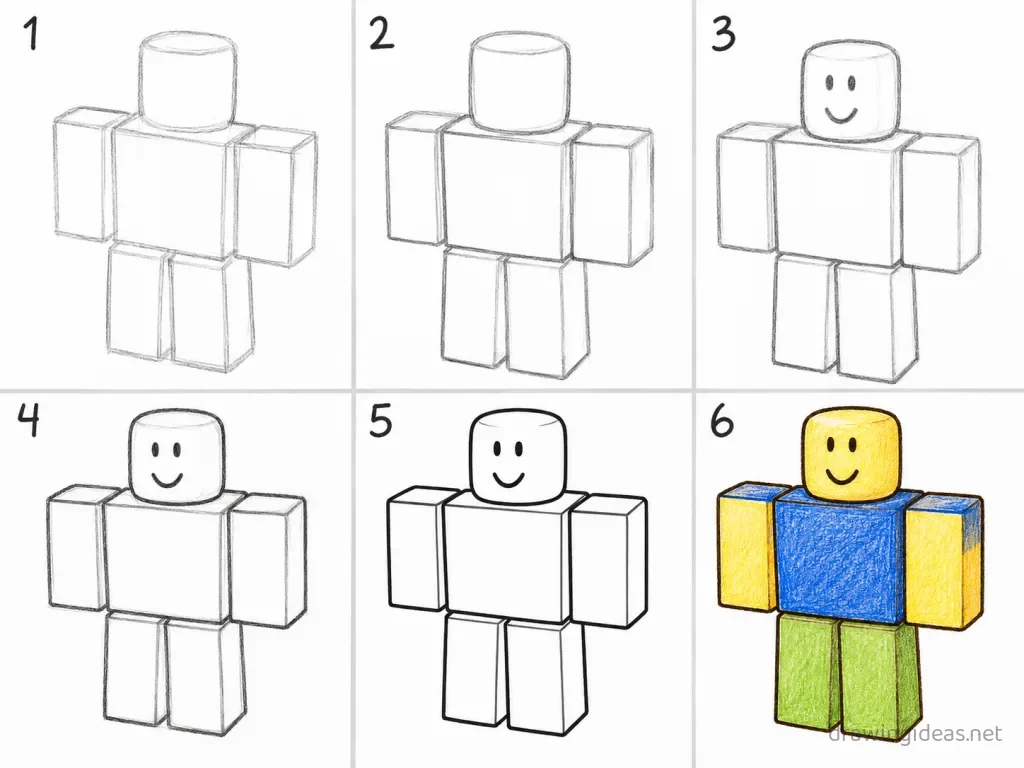 How to draw Roblox step by step — 6-step Roblox drawing tutorial grid