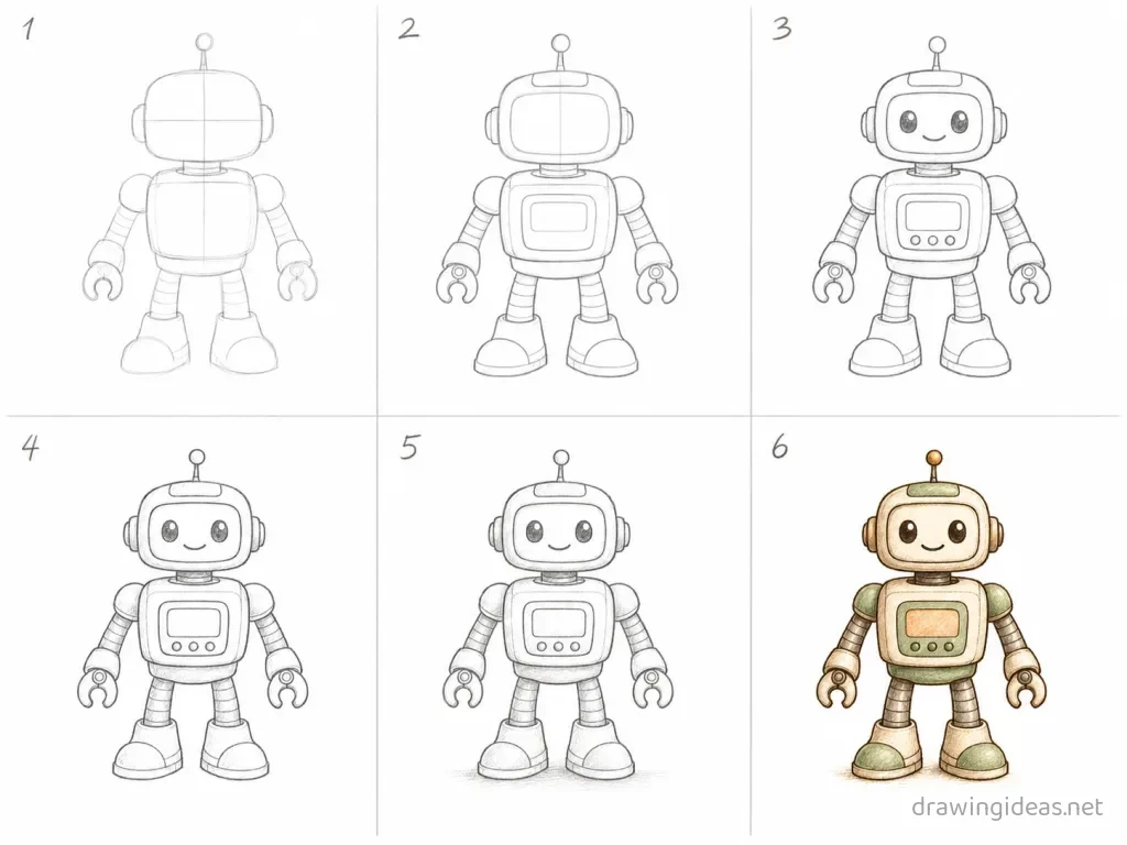 How to draw a robot step by step — 6-step robot drawing tutorial grid