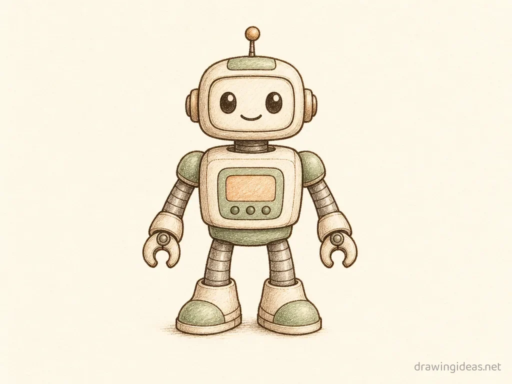 Robot drawing — hand-drawn robot illustration with ink lines and soft colors