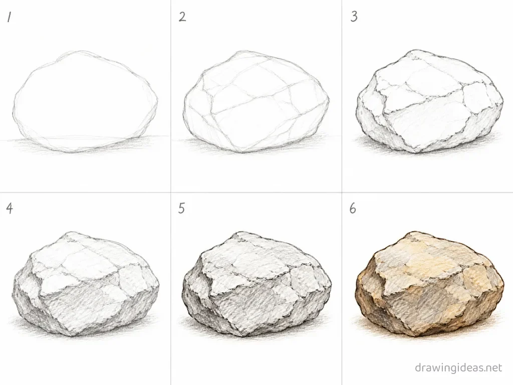 How to draw a rock step by step — 6-step rock drawing tutorial grid