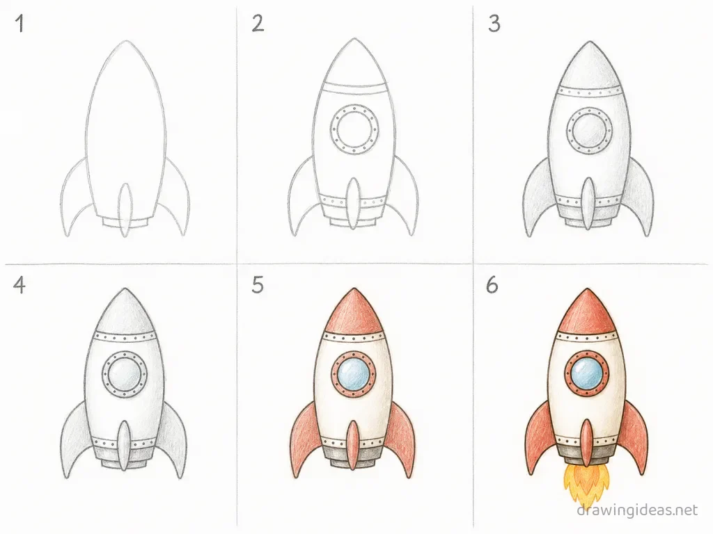 How to draw a rocket step by step — 6-step rocket drawing tutorial grid