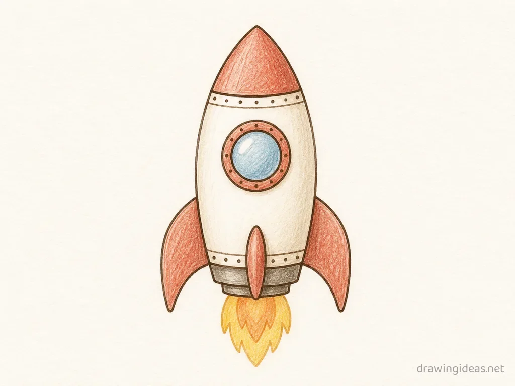 Rocket drawing — hand-drawn rocket illustration with ink lines and soft colors