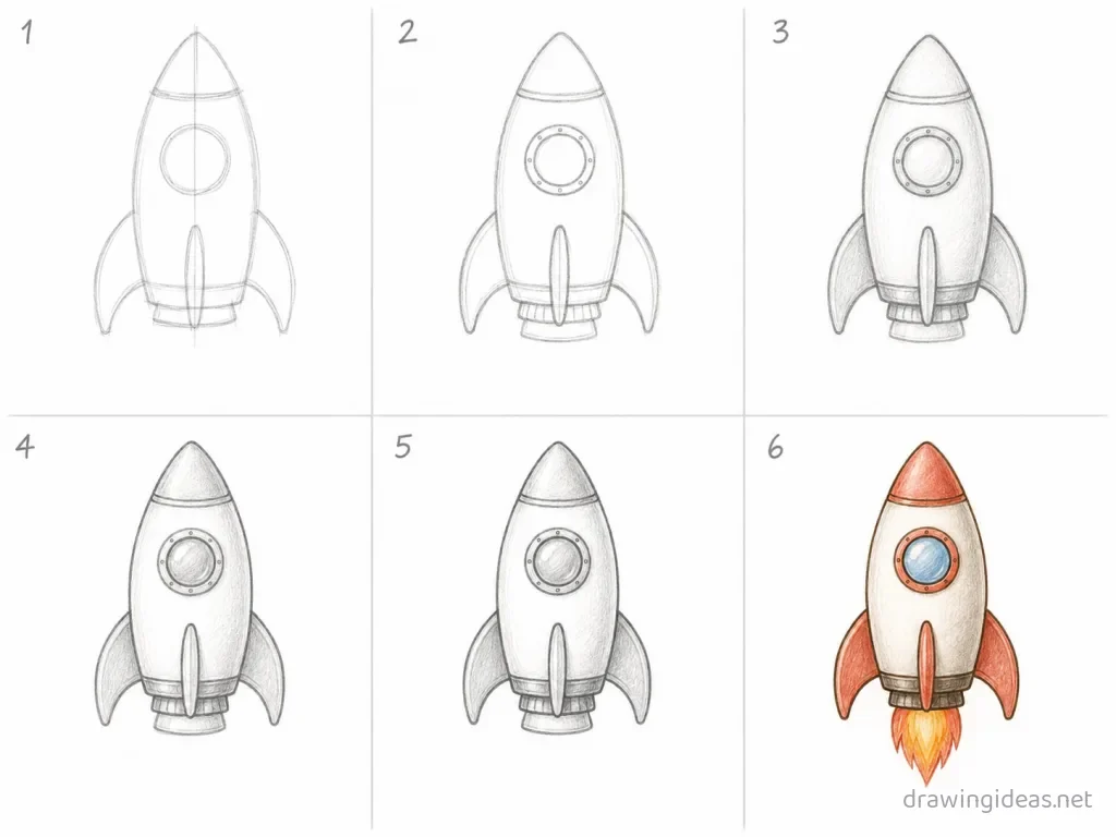 How to draw a rocket ship step by step — 6-step rocket ship drawing tutorial grid