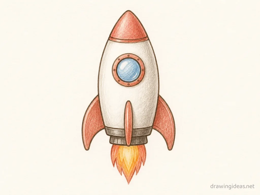 Rocket Ship drawing — hand-drawn rocket ship illustration with ink lines and soft colors