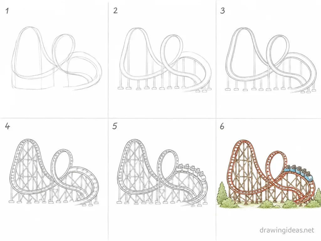 How to draw a roller coaster step by step — 6-step roller coaster drawing tutorial grid