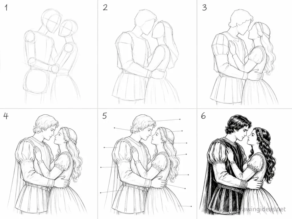 How to draw Romeo and Juliet step by step — 6-step Romeo and Juliet drawing tutorial grid