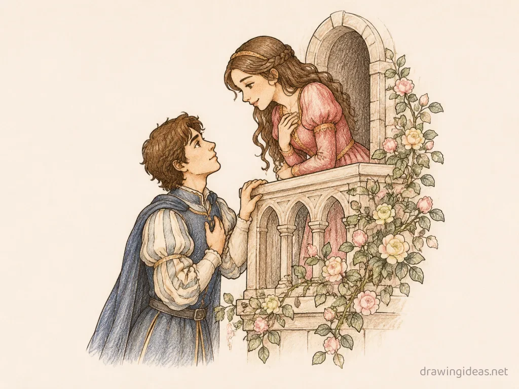 Romeo and Juliet drawing — hand-drawn Romeo and Juliet illustration with ink lines and soft colors