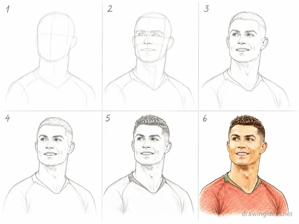 How to draw Ronaldo step by step — 6-step Ronaldo drawing tutorial grid