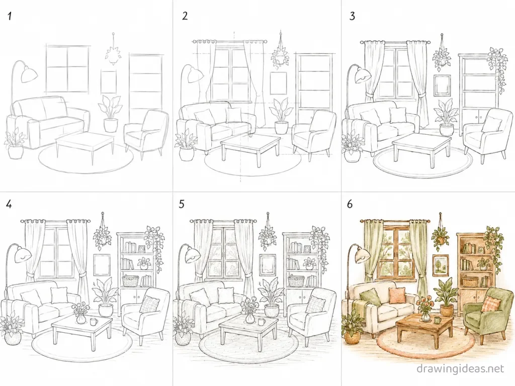 How to draw a room step by step — 6-step room drawing tutorial grid