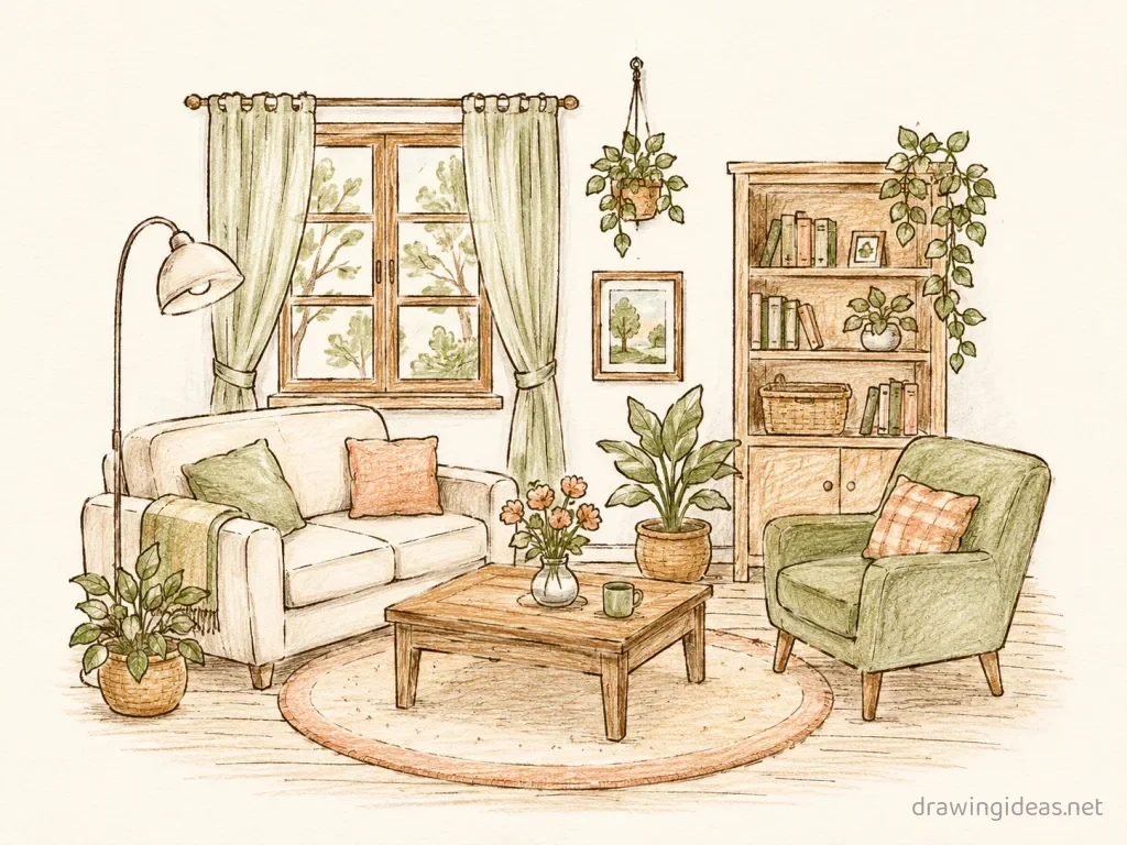 Room drawing — hand-drawn room illustration with ink lines and soft colors