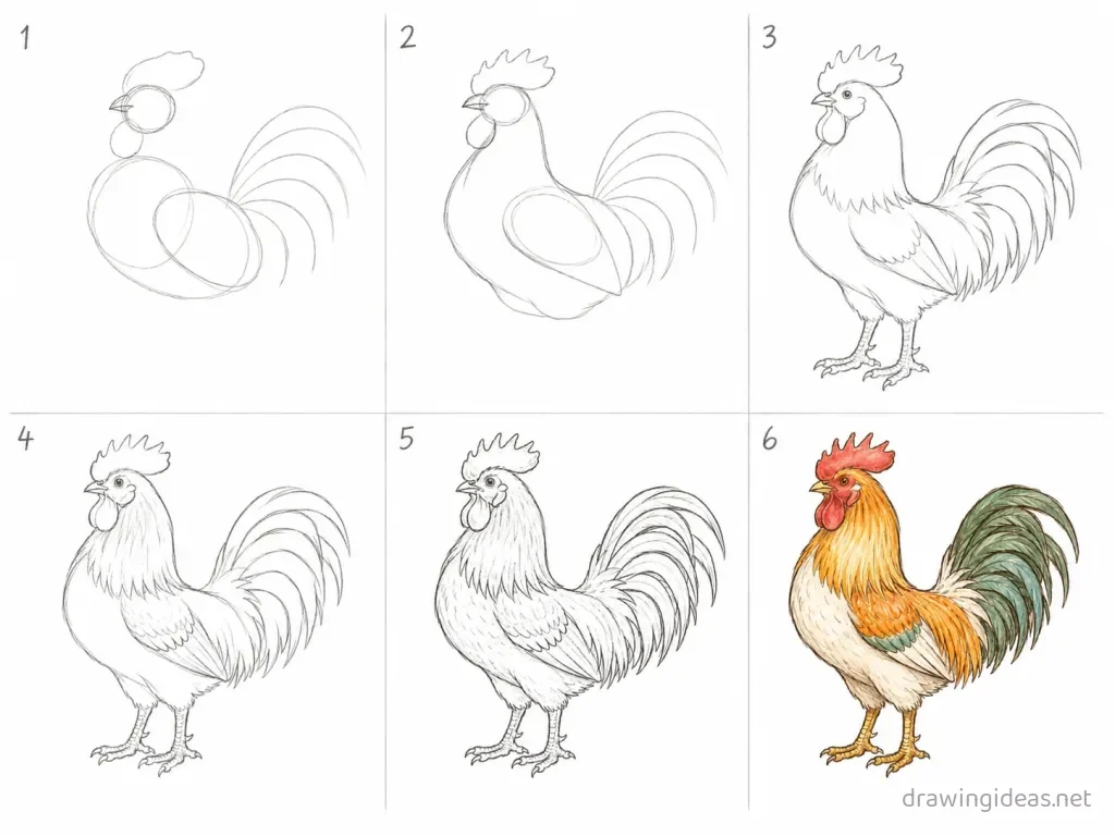 How to draw a rooster step by step — 6-step rooster drawing tutorial grid