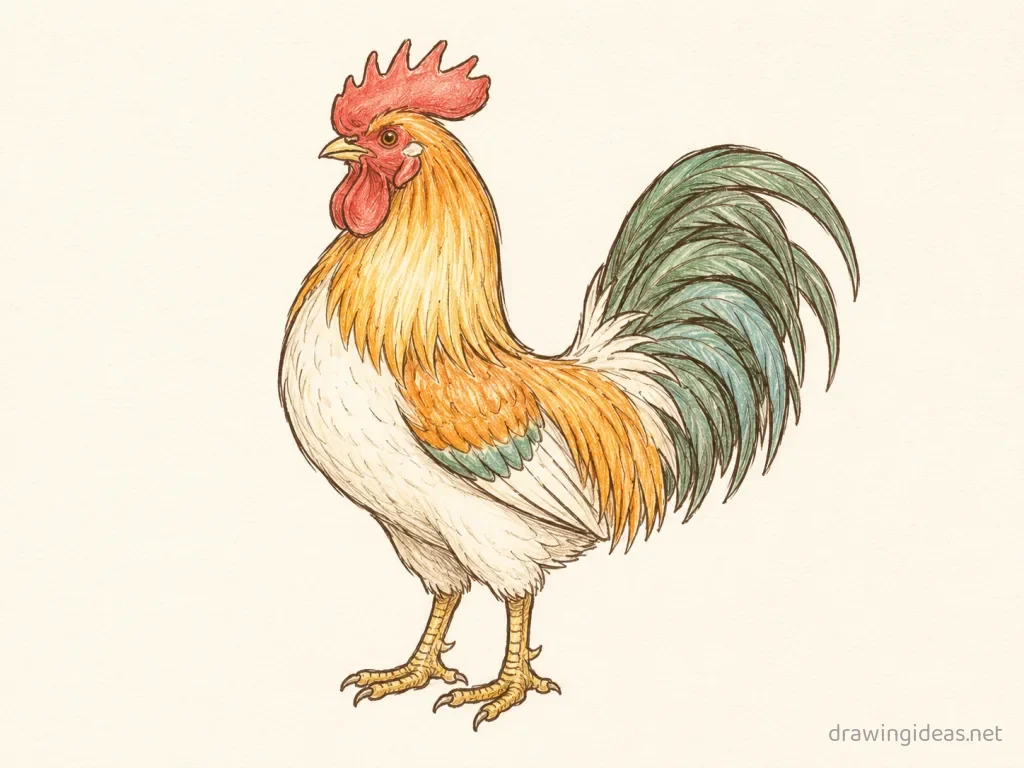 Rooster drawing — hand-drawn rooster illustration with ink lines and soft colors