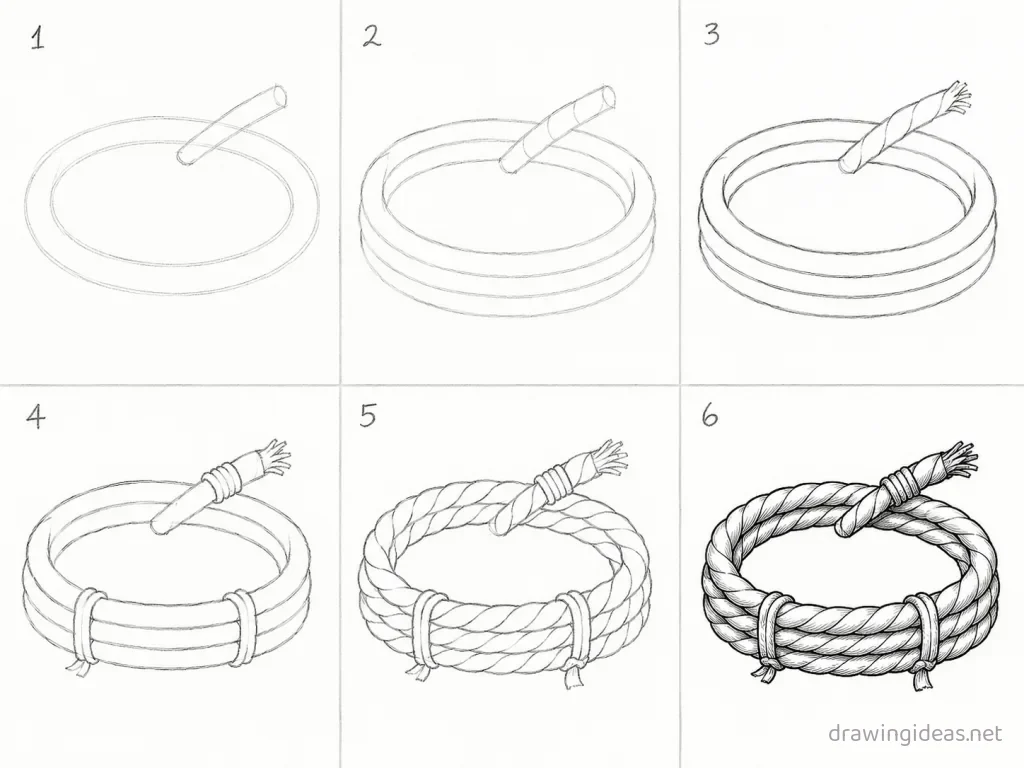 How to draw a rope step by step — 6-step rope drawing tutorial grid