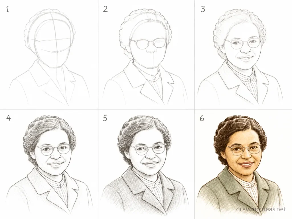 How to draw Rosa Parks step by step — 6-step Rosa Parks drawing tutorial grid