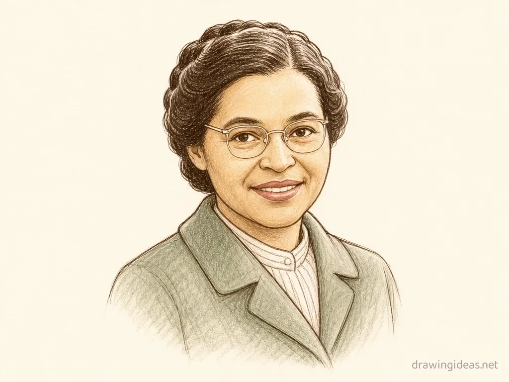 Rosa Parks drawing — hand-drawn Rosa Parks illustration with ink lines and soft colors