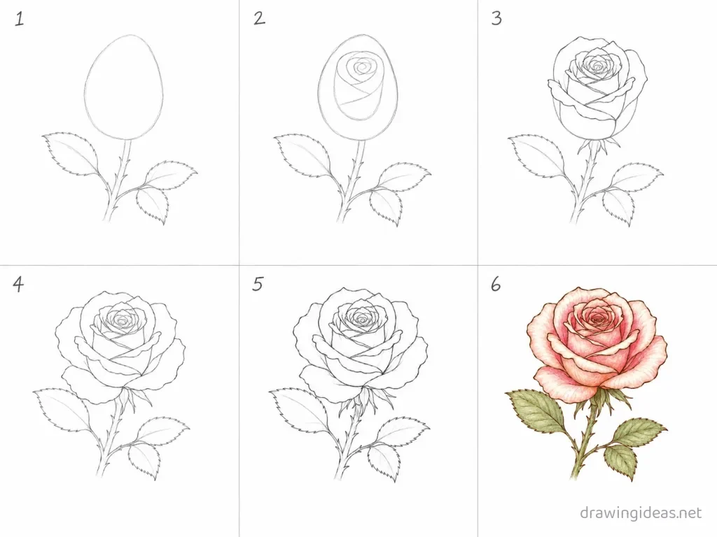 How to draw a rose step by step — 6-step rose drawing tutorial grid