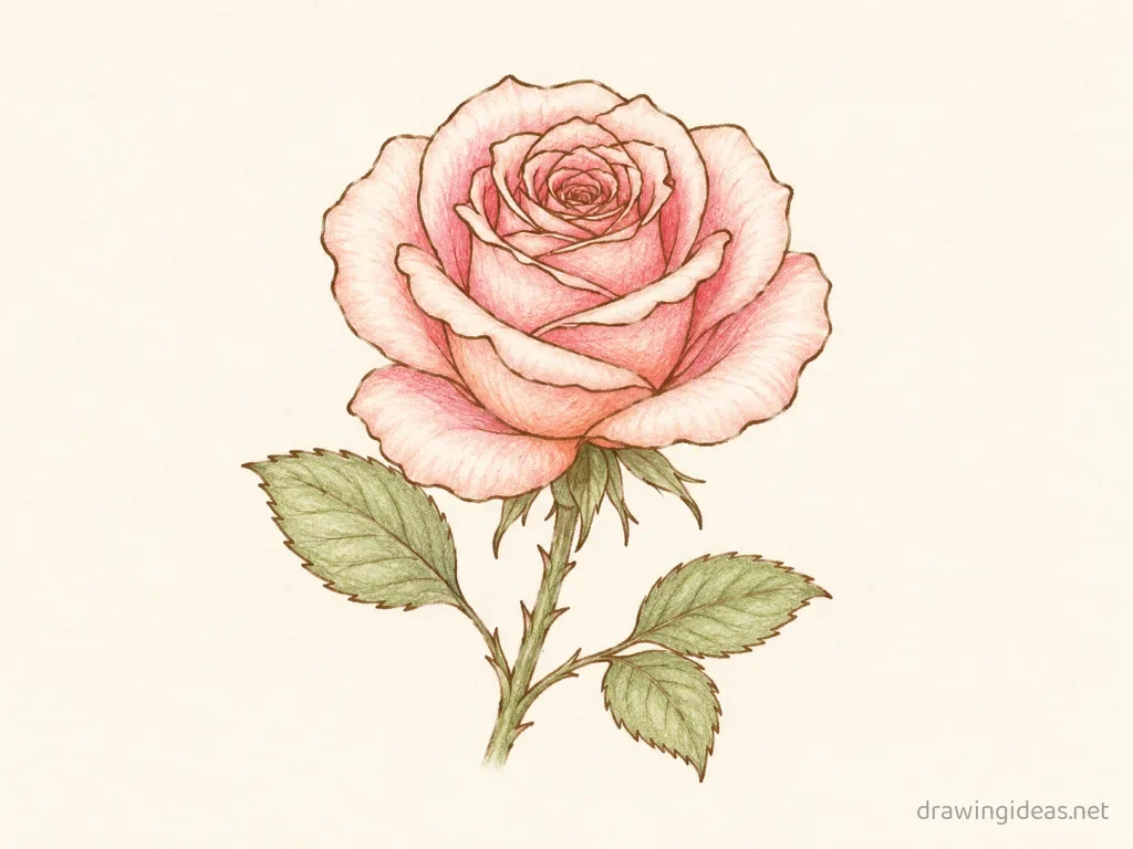 Rose drawing — hand-drawn rose illustration with ink lines and soft colors