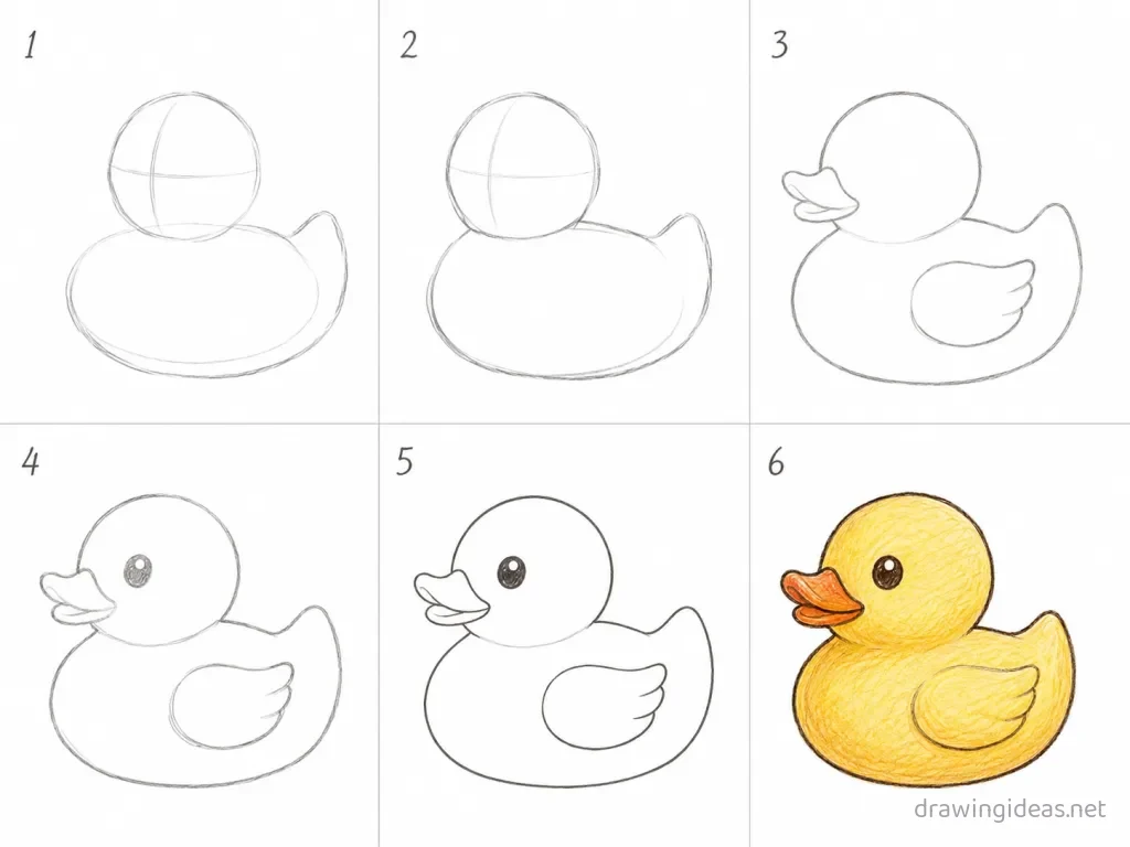 How to draw a rubber duck step by step — 6-step rubber duck drawing tutorial grid
