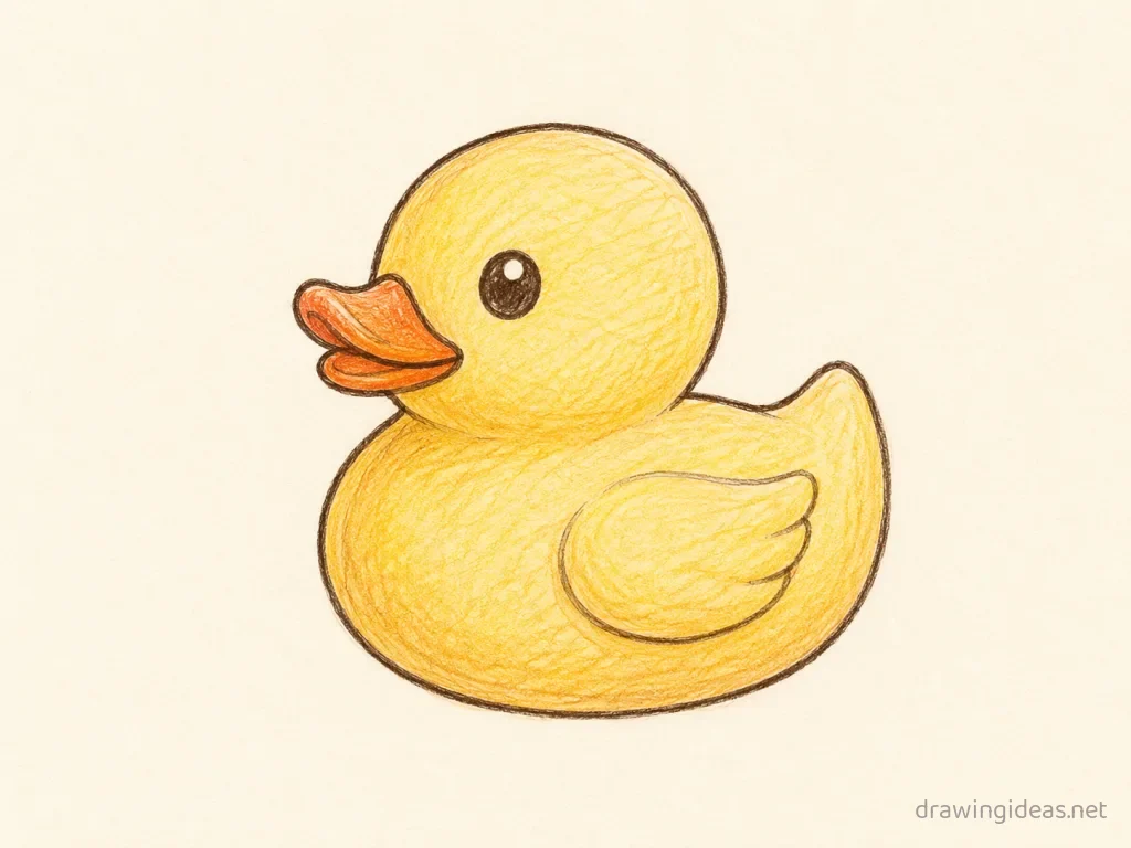 Rubber Duck drawing — hand-drawn rubber duck illustration with ink lines and soft colors