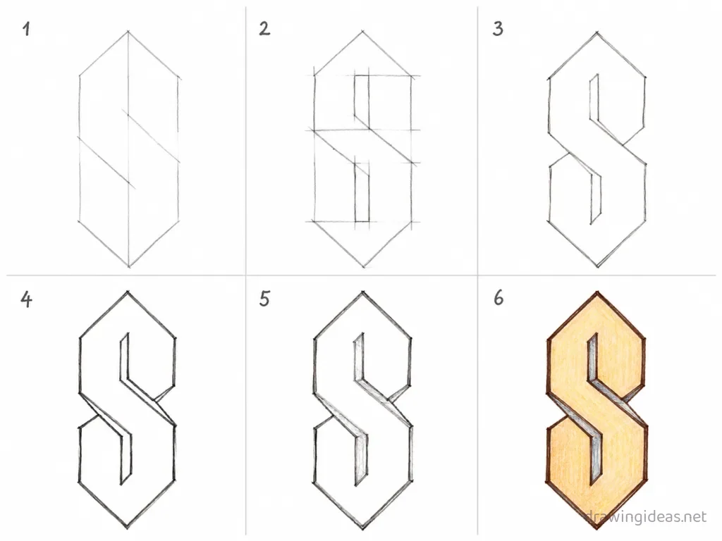 How to draw the cool S step by step — 6-step S drawing tutorial grid