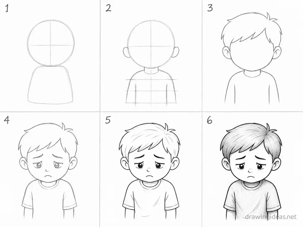 How to draw a sad step by step — 6-step sad drawing tutorial grid